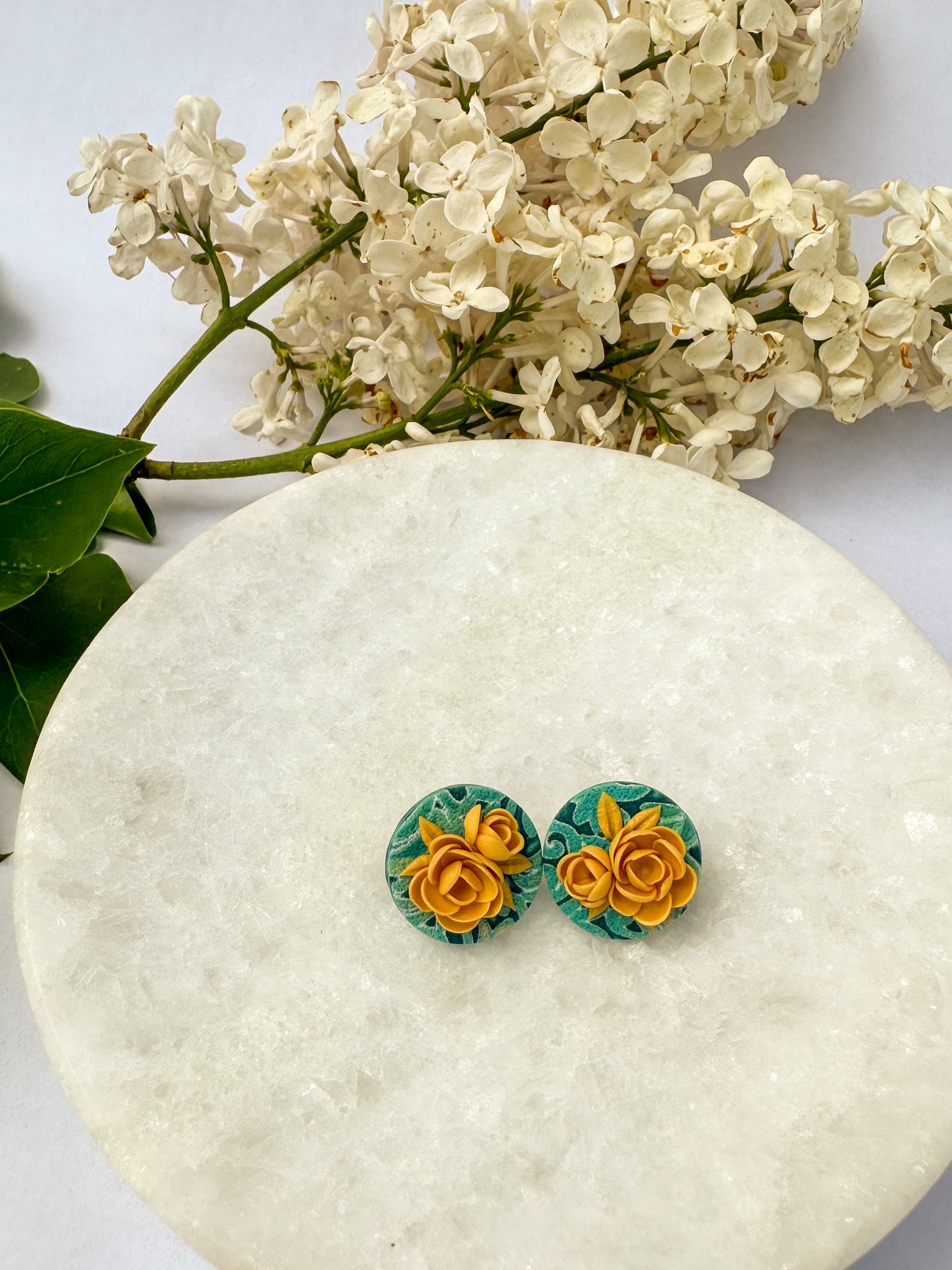 Round Studs | Polymer Clay Earrings | Teal Garden