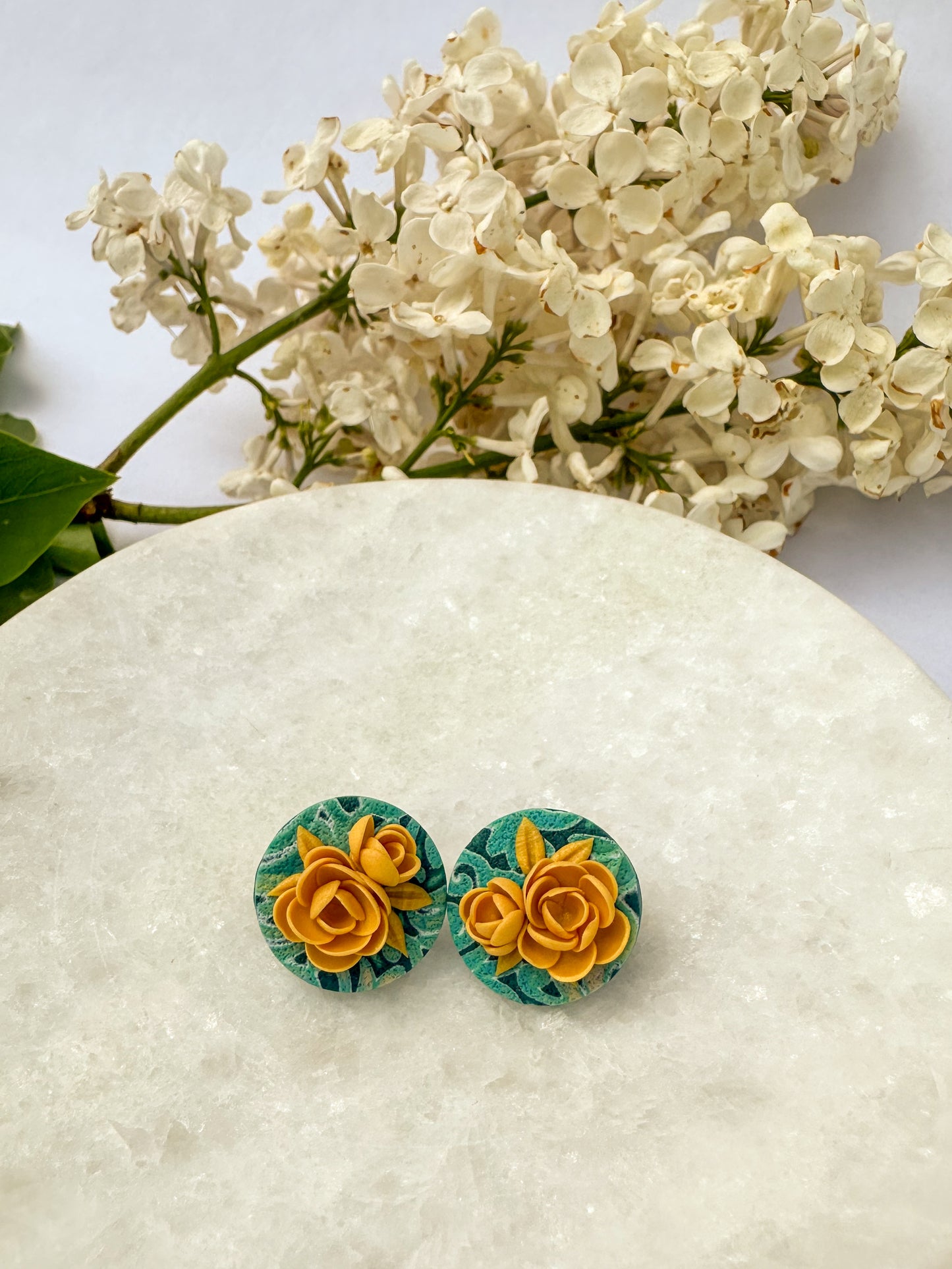 Round Studs | Polymer Clay Earrings | Teal Garden