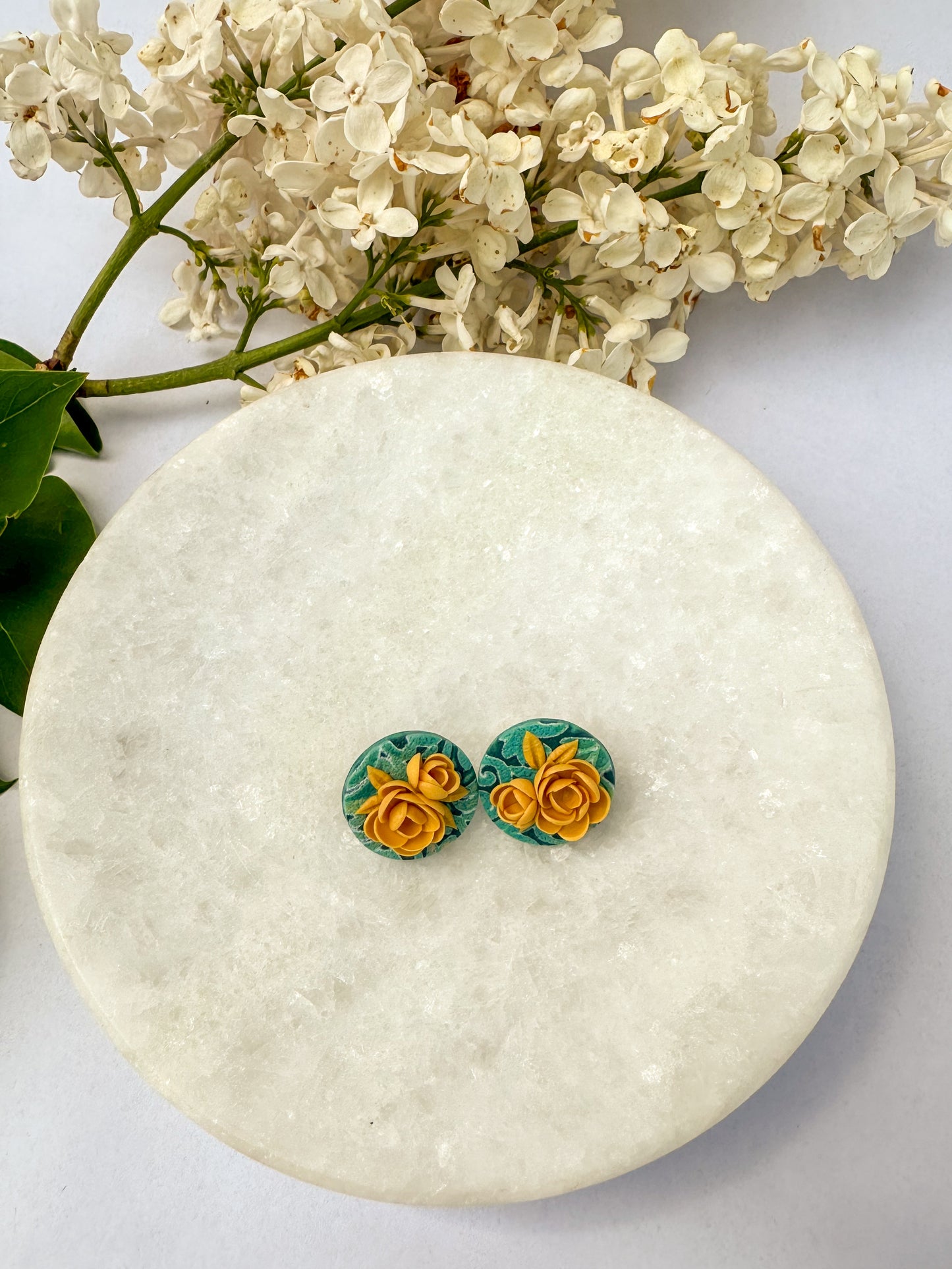 Round Studs | Polymer Clay Earrings | Teal Garden