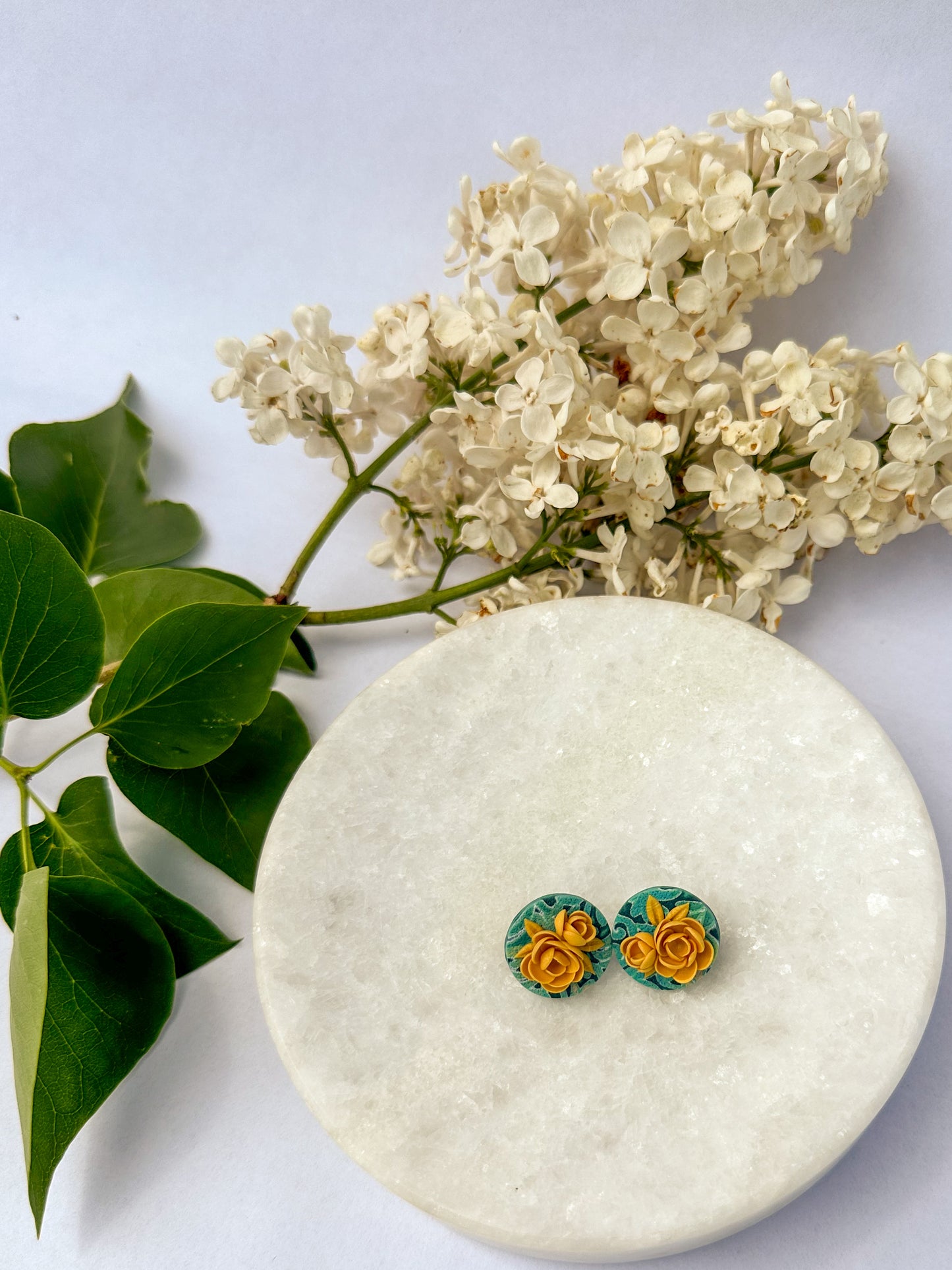 Round Studs | Polymer Clay Earrings | Teal Garden