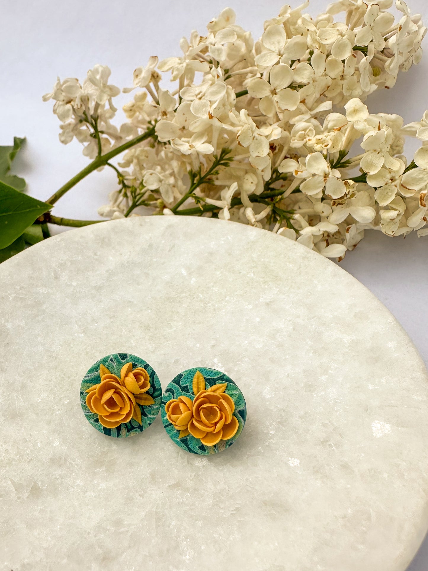 Round Studs | Polymer Clay Earrings | Teal Garden