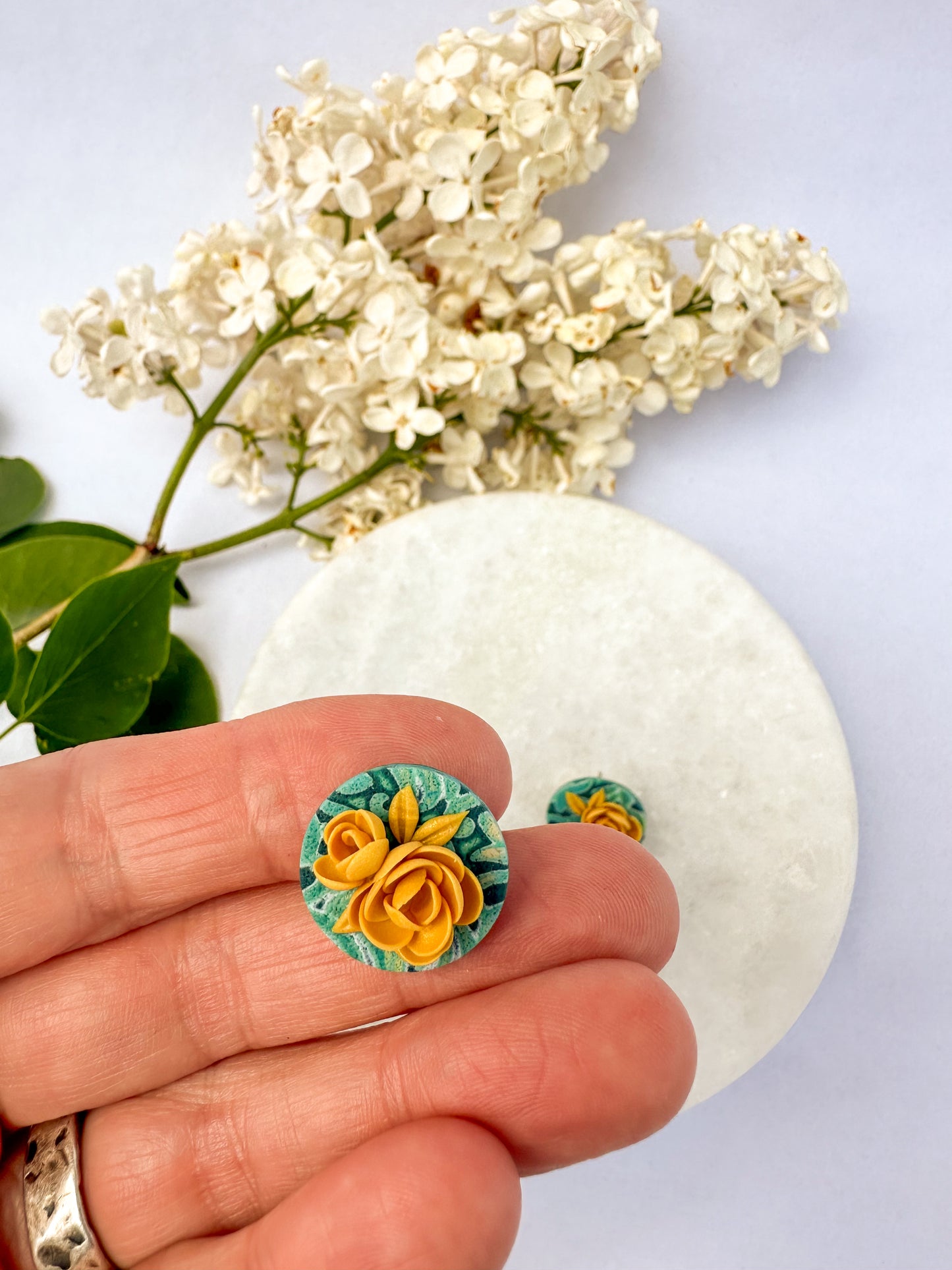 Round Studs | Polymer Clay Earrings | Teal Garden